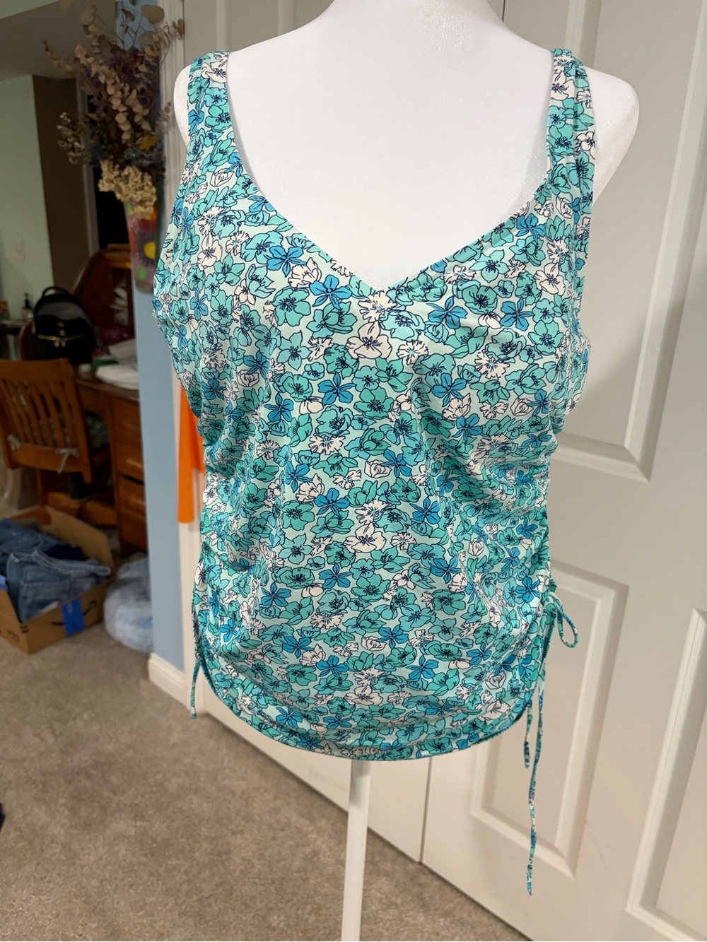 Lands' End Teal & Blue Floral V-Neck Camisole with Side Ties